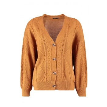 Kadın Büyük Beden Moda Şık Regular V Yaka Uzun Kol Saç Örgü Detaylı Düğmeli Triko Hırka