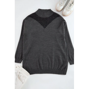 Kadın Büyük Beden Moda Şık Regular V Yaka Uzun Kol Düz Tül Detaylı Dik Yaka Triko Kazak