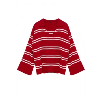 Kadın Büyük Beden Moda Şık Regular Polo Yaka Uzun Kol Çizgili Triko Kazak