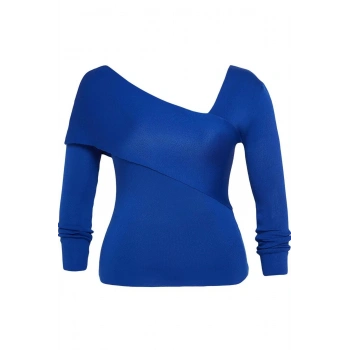 Kadın Büyük Beden Regular Asimetrik Yaka Uzun Kol Düz Asimetrik Yaka Vücudu Saran İnce Triko Kazak