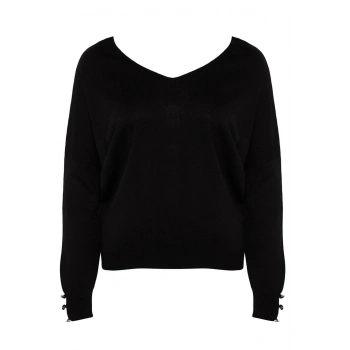 Kadın Büyük Beden Moda Şık Regular V Yaka Uzun Kol Düz Sırt Detaylı Triko Kazak