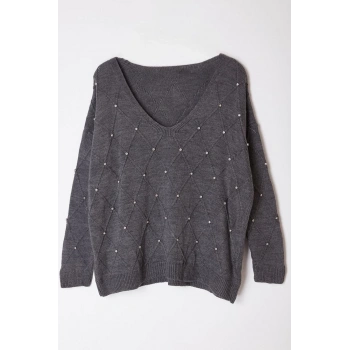 Kadın Büyük Beden Moda Şık Regular V Yaka Uzun Kol Saç Örgü Taş İşlemeli Triko Kazak