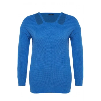 Kadın Büyük Beden Moda Regular Kare Yaka Uzun Kol Düz İndigo Önü Pencere Cut Out Detaylı Triko Kazak