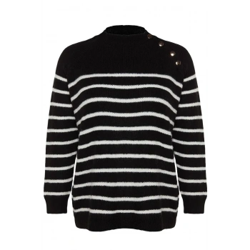 Kadın Büyük Beden Moda Şık Regular Bisiklet Yaka Uzun Kol Çizgili Gold Düğme Detaylı Triko Kazak