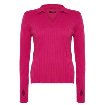 Kadın Büyük Beden Moda Şık Regular Polo Yaka Uzun Kol Düz Kol Ucu Detaylı Polo Yaka Triko Kazak