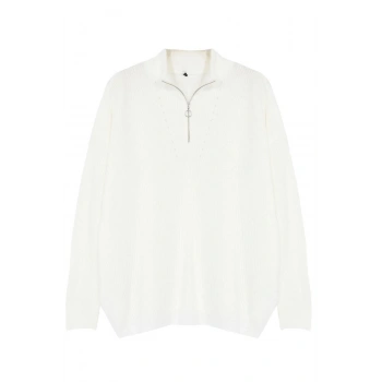 Kadın Büyük Beden Moda Şık Regular Fermuarlı Yaka Uzun Kol Düz Fermuarlı Yaka Triko Kazak