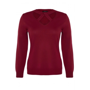 Kadın Büyük Beden Moda Şık Regular V Yaka Uzun Kol Düz Pencere Cut Out Detaylı Triko Kazak