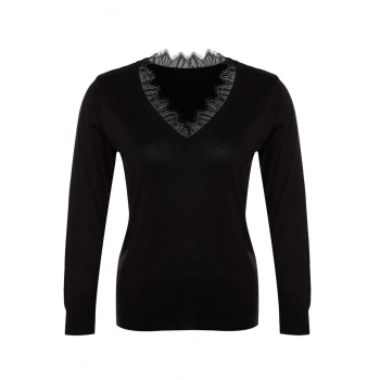 Kadın Büyük Beden Moda Şık Regular V Yaka Uzun Kol Düz Dantel Detaylı Triko Kazak