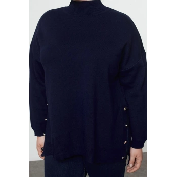 Kadın Büyük Beden Moda Şık Uzun Balıkçı Yaka Uzun Kol Düz Düğme Detaylı Balıkçı Yaka Triko Kazak