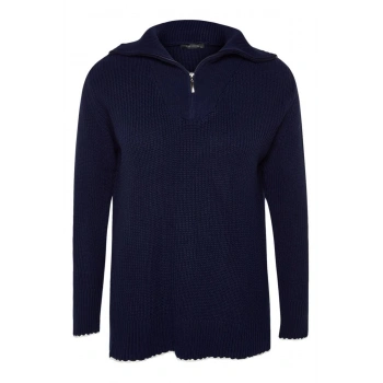 Kadın Büyük Beden Moda Şık Regular Dik Yaka Uzun Kol Düz Geniş Kalıp Fermuarlı Triko Kazak