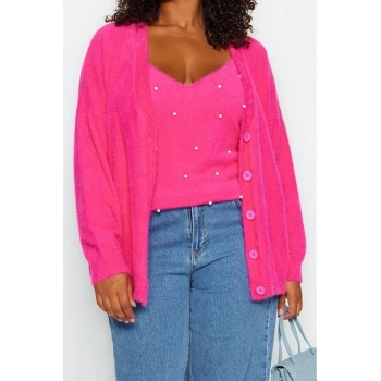 Kadın Büyük Beden Moda Şık Regular V Yaka Uzun Kol Düz Taş Detaylı Bluz-Hırka Triko Takım