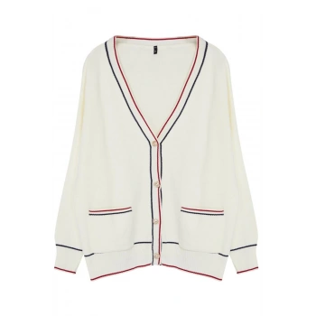 Kadın Büyük Beden Moda Şık Regular V Yaka Uzun Kol Çizgili Çizgi Detaylı Triko Hırka