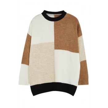 Kadın Büyük Beden Moda Şık Regular Bisiklet Yaka Uzun Kol Renk Bloklu Bloklu Triko Kazak