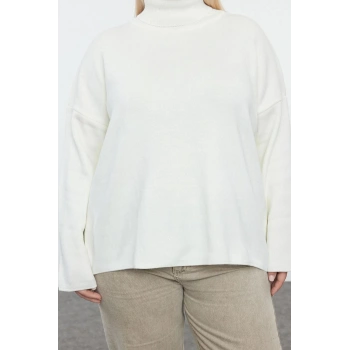 Kadın Büyük Beden Moda Şık Regular Balıkçı Yaka Uzun Kol Düz Balıkçı Yaka Geniş Kalıp Triko Kazak