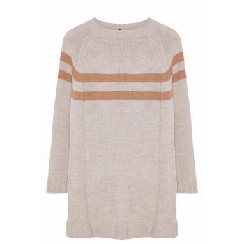 Kadın Tesettür Moda Şık Midi Bisiklet Yaka Uzun Kol Çizgili Çift Triko Kazak