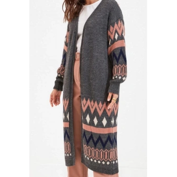 Kadın Tesettür Moda Şık Uzun V Yaka Uzun Kol Etnik Jakarlı Uzun Triko Hırka