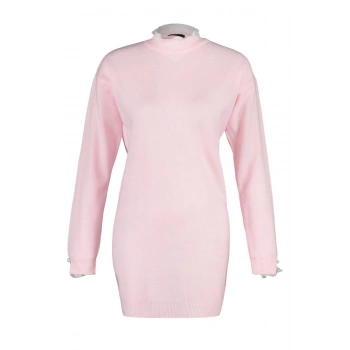 Kadın Tesettür Moda Şık Midi Bisiklet Yaka Uzun Kol Düz Pembe Kolu İnci Detaylı Triko Kazak