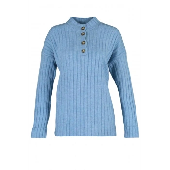 Kadın Tesettür Moda Şık Regular Düğmeli Yaka Uzun Kol Düz Yakası Düğmeli Fitilli Triko Kazak