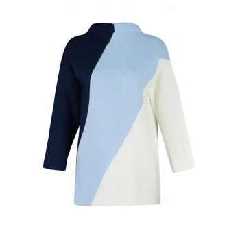 Kadın Tesettür Moda Şık Regular Dik Yaka Uzun Kol Renk Bloklu Dik Yaka Triko Kazak