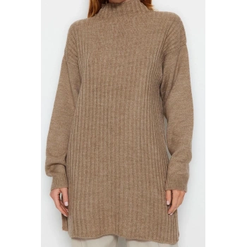 Kadın Tesettür Moda Şık Midi Dik Yaka Uzun Kol Düz Dik Yaka Fitilli Triko Kazak