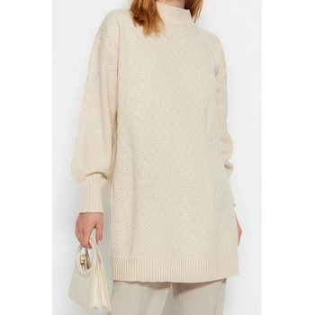 Kadın Tesettür Moda Midi Yarım Balıkçı Yaka Uzun Kol Ajurlu Dik Yaka Petek Desenli Örgü Triko Kazak