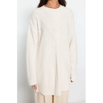 Kadın Tesettür Moda Şık Regular Bisiklet Yaka Uzun Kol Ajurlu Triko Kazak