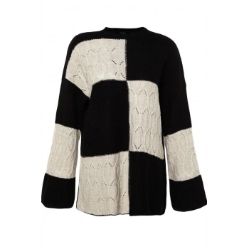 Kadın Tesettür Moda Şık Midi Bisiklet Yaka Uzun Kol Renk Bloklu Delikli Örgü Triko Kazak