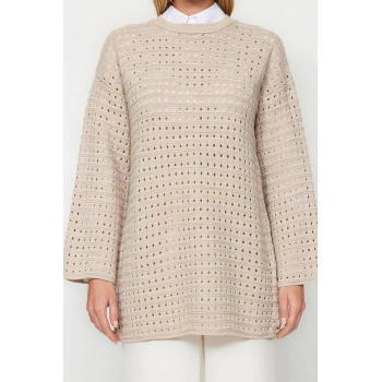 Kadın Tesettür Moda Şık Regular Bisiklet Yaka Uzun Kol Ajurlu Rahat Kesim Delikli Triko Örgü Kazak
