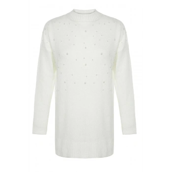 Kadın Tesettür Moda Şık Midi Bisiklet Yaka Uzun Kol Düz İnci Detaylı Triko Kazak