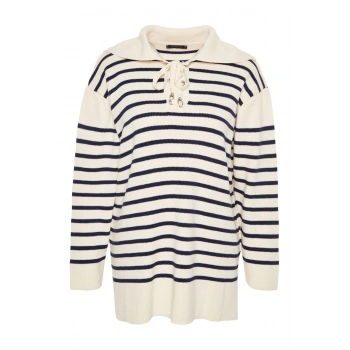 Kadın Tesettür Moda Şık Regular Kare Yaka Uzun Kol Çizgili Rahat Kalıp Triko Kazak