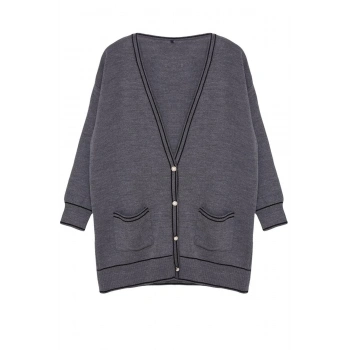 Kadın Tesettür Moda Şık Regular V Yaka Uzun Kol Renk Bloklu İnci Düğmeli Biyeli Oversize Triko Hırka