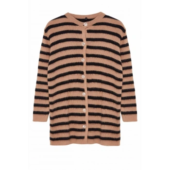 Kadın Tesettür Regular Bisiklet Yaka Uzun Kol Çizgili Gold Düğme Detaylı Yumuşak Dokulu Triko Hırka