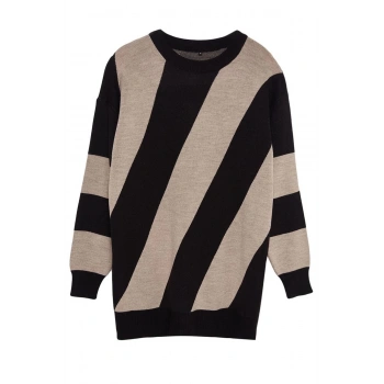 Kadın Tesettür Moda Şık Regular Bisiklet Yaka Uzun Kol Renk Bloklu Siyah Taş Triko Kazak