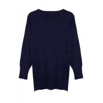 Kadın Tesettür Moda Şık Regular Bisiklet Yaka Uzun Kol Düz İnci Detaylı Triko Kazak