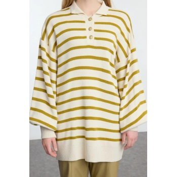 Kadın Tesettür Moda Şık Regular Polo Yaka Uzun Kol Çizgili Balon Kollu Polo Yaka Triko Kazak