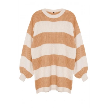 Kadın Tesettür Moda Regular Bisiklet Yaka Uzun Kol Çizgili Yumuşak Dokulu Selanik Örgü Triko Kazak