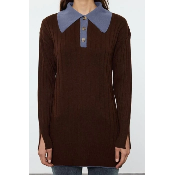 Kadın Tesettür Regular Polo Yaka Uzun Kol Dokulu  Mavi Renk Bloklı Fitilli Örgü Triko Kazak