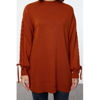 Kadın Tesettür Moda Şık Regular Bisiklet Yaka Uzun Kol Düz Kolları Örgü Detaylı Triko Kazak