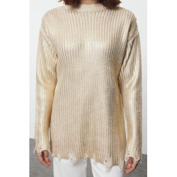 Kadın Tesettür Moda Şık Regular Bisiklet Yaka Uzun Kol Düz Varak Baskılı Triko Kazak