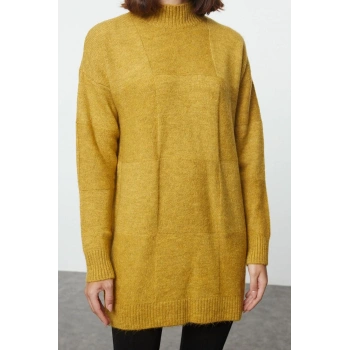 Kadın Tesettür Moda Şık Midi Dik Yaka Uzun Kol Geometrik i Yumuşak Dokulu Triko Kazak