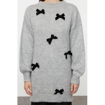 Kadın Tesettür Moda Şık Uzun Bisiklet Yaka Uzun Kol Düz Fiyonk Detaylı Triko Kazak