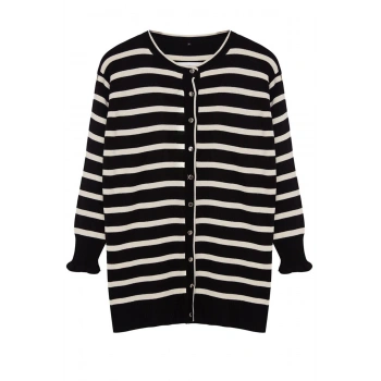 Kadın Tesettür Moda Şık Regular Bisiklet Yaka Uzun Kol Çizgili Taş Triko Hırka