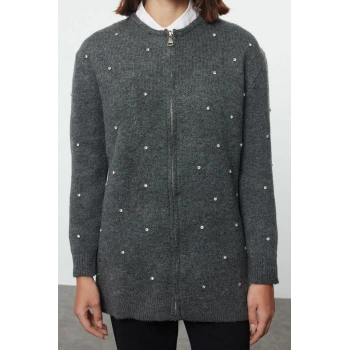 Kadın Tesettür Moda Şık Uzun Bisiklet Yaka Uzun Kol Düz Taş Detaylı Fermuarlı Triko Hırka