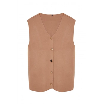 Kadın Tesettür Moda Şık Regular V Yaka Uzun Kol Düz Aksesuar Düğmeli Triko Süveter Yelek