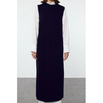 Kadın Tesettür Moda Şık Uzun Bisiklet Yaka Uzun Kol Düz Yandan Düğmeli Selanik Triko Süveter