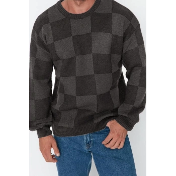 Erkek Regular Bisiklet Yaka Uzun Kol Ekose / Kareli Unisex Oversize Geniş Kalıp Kareli Triko Kazak