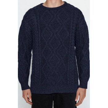 Erkek Moda Şık Regular Bisiklet Yaka Uzun Kol Saç Örgü Oversize Triko Kazak