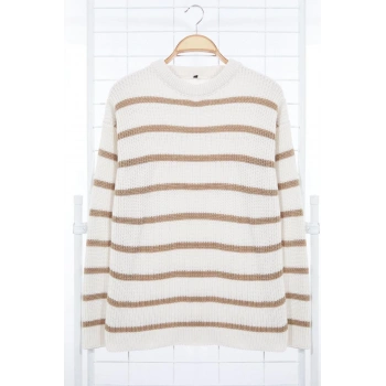 Erkek Moda Şık Regular Bisiklet Yaka Uzun Kol Çizgili Oversize Triko Kazak