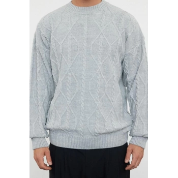 Erkek Moda Şık Regular Bisiklet Yaka Uzun Kol Saç Örgü Oversize Triko Kazak