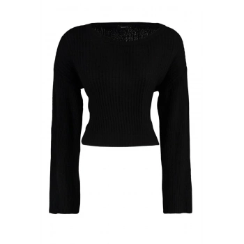 Kadın Moda Şık Crop Bisiklet Yaka Uzun Kol Düz Crop İspanyol Kol Triko Kazak